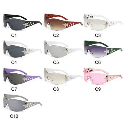 Rimless Y2K Sunglasses Women Men Punk Goggle Trendy Shield Sun Glasses UV400 3D Five Star Rhinestones Eyewear 2024