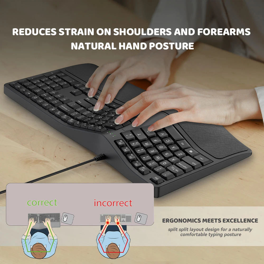 Teclado ergonómico dividido K9 USB com fios, com apoio para pulsos, 110 teclas, teclado gaming para escritórios profissionais