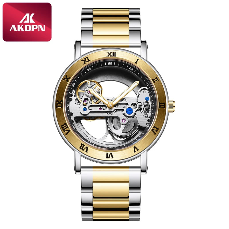 AKDPN Men's Watches Automatic Mechanical Stainless Steel Men's Wrist Watch Skeleton Automatic Watches for Man Watch Montre Homme