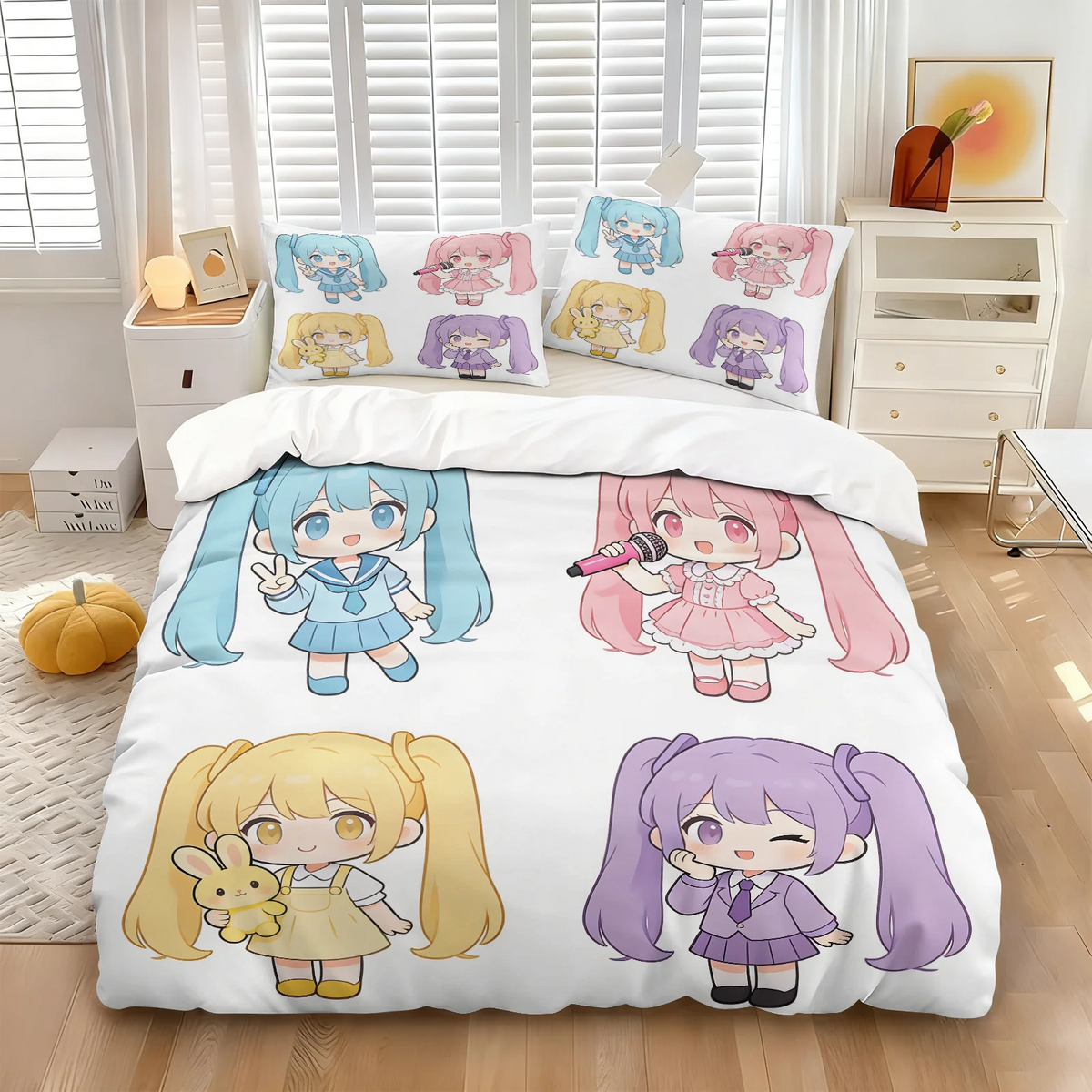 Hatsune Miku Chibi Style påslakanset – Söt anime-sängklädsel med örngott – Spelrum – Tonåringars och barns sovrumsinredning – Present till fans