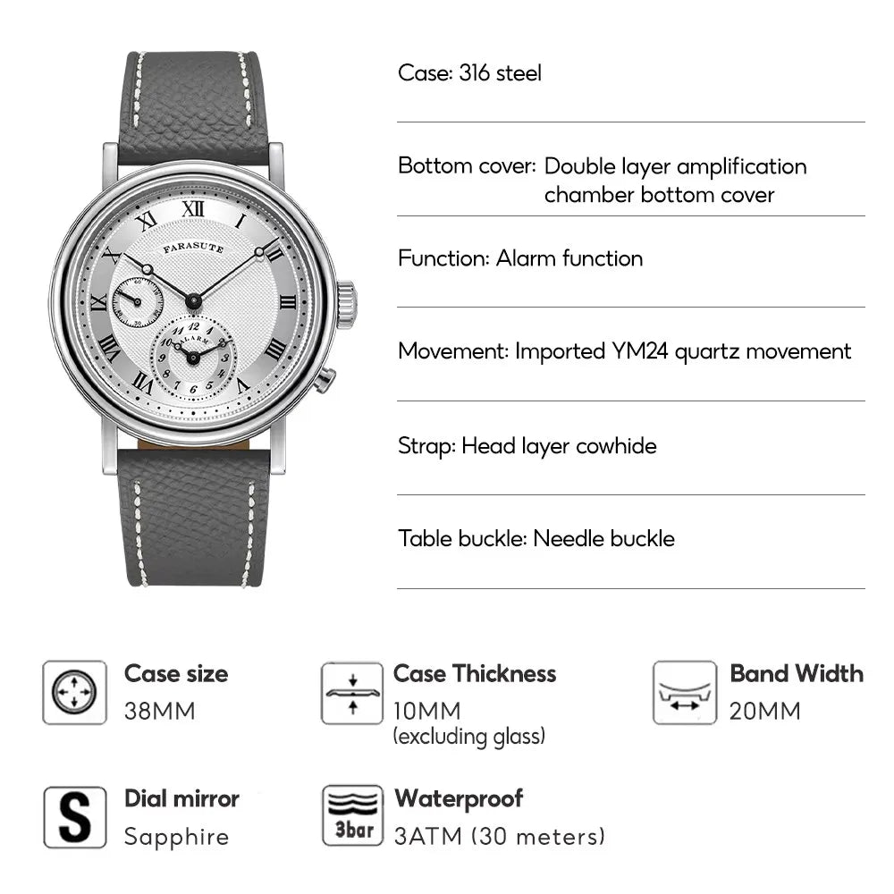 FARASUTE Retro Luxury Alarm Clock Quartz Watch Men Waterproof Night Light Wristwatch Casual Sapphire Stainless Steel Male Reloj