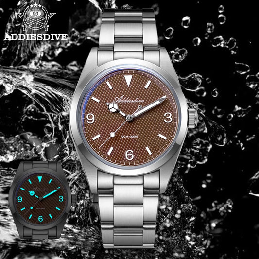 ADDIESDIVE New Men's Analog Watch Bubble Mirror Glass 100m Luminous Men's Quartz Watches with Stainless Steel Bracelet AD2096