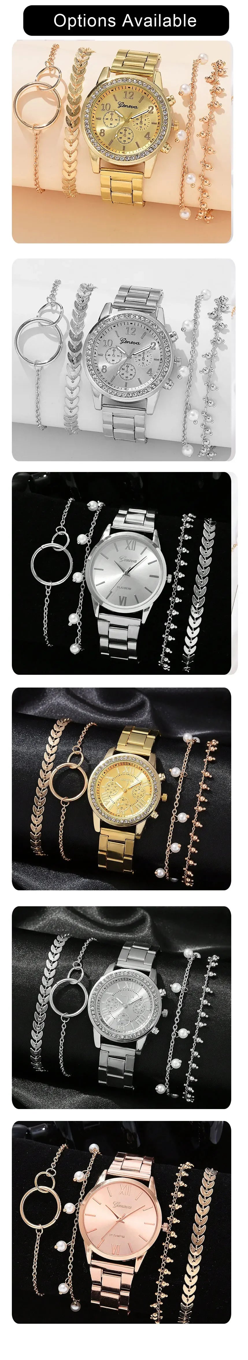 5PCS Quartz Watch Set Women Fashion Silver Round 3 Eyes Alloy Strap Wristwatch Gift Rhinestone Watch For Women Jewelry Set