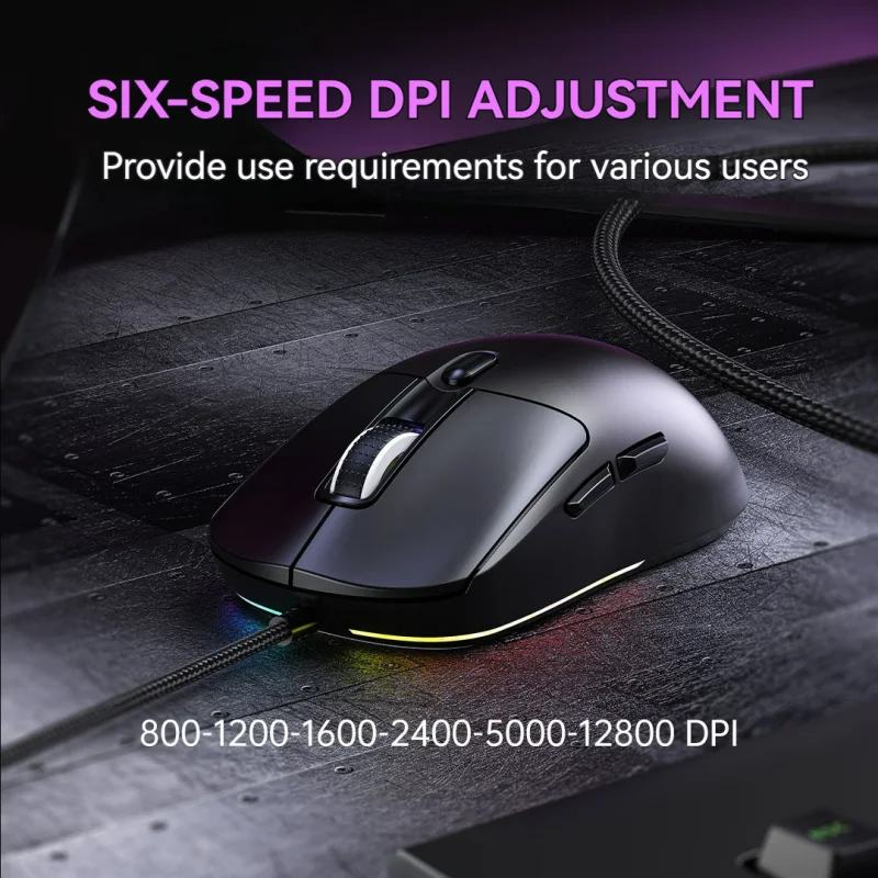 Mouse de gaming cu fir, 6 niveluri DPI ajustabile până la 12800DPI, cip Instant A825, iluminare RGB, programare macro, design ergonomic, mouse universal