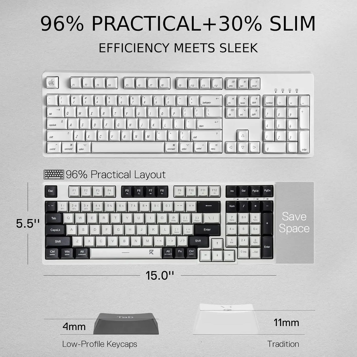 Redragon BK7114 Low-Profile 2.4G BT Wireless Computer 98 Keys Slim Office PC Scissors Mechanism Tactile Quiet Keystroke Keyboard