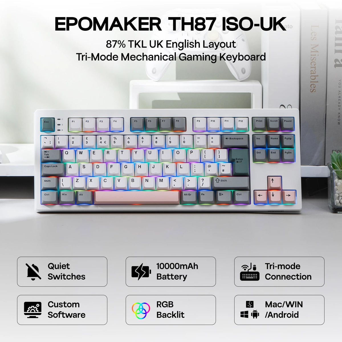 ISO-UK Layout EPOMAKER TH87 TKL Layout Wired/BT/2.4Ghz Wireless NKRO Mechanical Keyboard with 10000mAh Battery & RGB Light