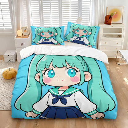 Hatsune Miku Chibi Style påslakanset – Söt anime-sängklädsel med örngott – Spelrum – Tonåringars och barns sovrumsinredning – Present till fans