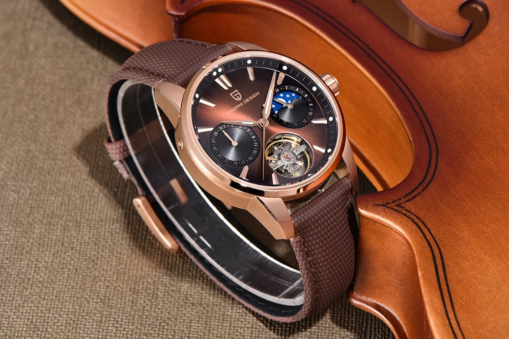 PAGANI DESIGN – luksuzni mehanički sat za muškarce, 41 mm, safirno staklo, kožni remen, vodootporan, u pilotskom stilu, s turbiljonom i fazama mjeseca