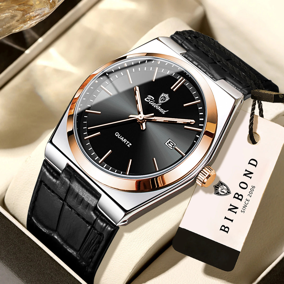 BINBOND luxury quartz wristwatch for men – Water-resistant, luminous, with automatic date – Professional, sporty, trendy and casual styles – Leather strap