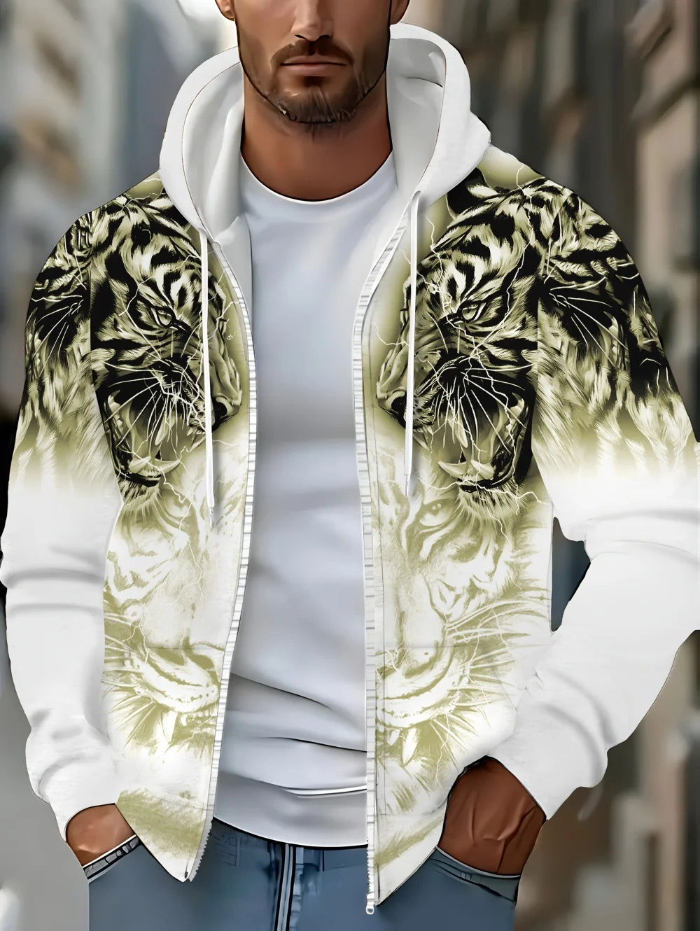 2025 Mens Long Sleeve Zip up Tiger Graphic Hoodie Casual Outdoor Fashion Coat with Drawstring and Pockets Zipup Hoodie for Man