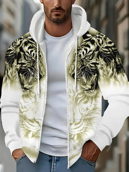 2025 Mens Long Sleeve Zip up Tiger Graphic Hoodie Casual Outdoor Fashion Coat with Drawstring and Pockets Zipup Hoodie for Man