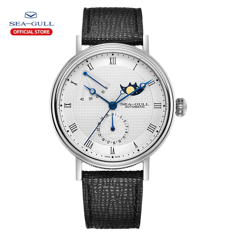 Seagull Men's Business Wristwatch Moon Phase Leather Luxury Automatic Mechanical Men's Watches 50M Waterproof Relogio 6092