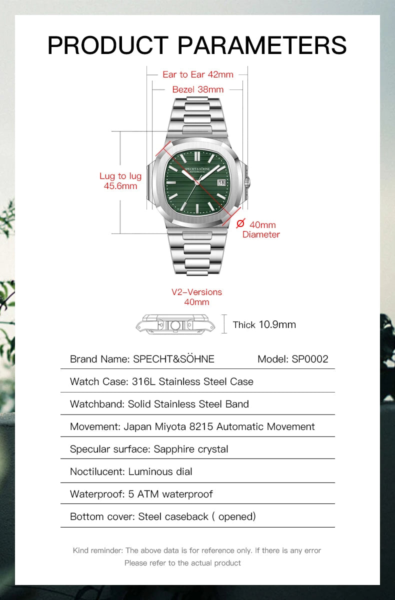 2025 Specht&Sohne New Hot Selling Men's Automatic Mechanical Watch Sapphire Crystal Stainless Steel Sports Watch Waterproof 50M