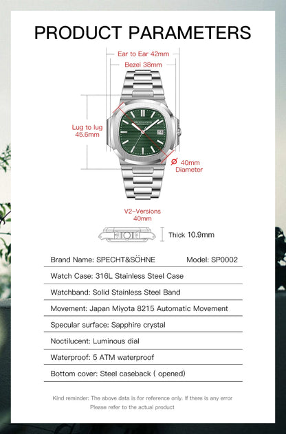 2025 Specht&Sohne New Hot Selling Men's Automatic Mechanical Watch Sapphire Crystal Stainless Steel Sports Watch Waterproof 50M
