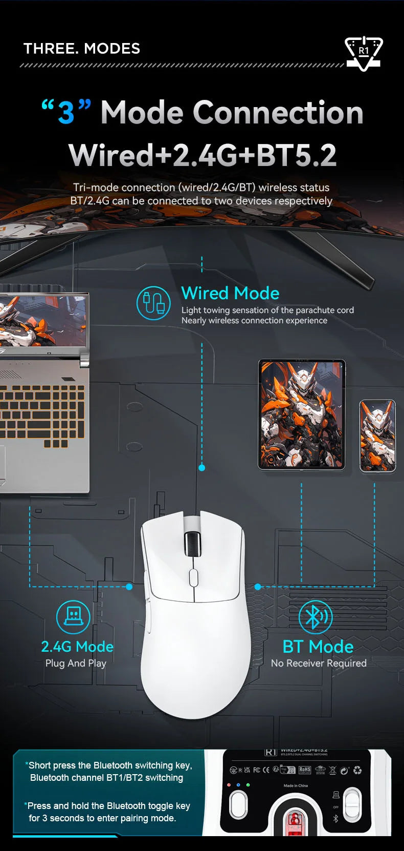 Attack Shark R1 18000dpi Wireless Mouse, 1000Hz, Tri-mode Connection, PAW3311, Macro Gaming Mouse