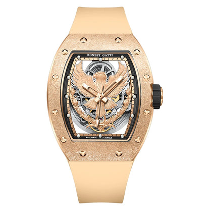 BONEST GATTI Luxury Men Hollow Automatic Mechanical Watches Tonneau Sapphire Crystal Luminous Hollow Eagle Dial Rubber Strapes
