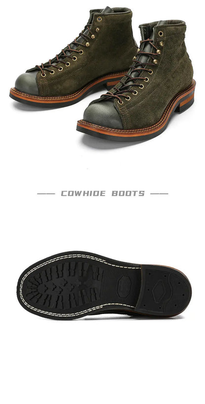 KOWM Cowhide Hiking Shoes Men's Walking Boot British Trekking Shoes Thick-Soled Cowhide High-Top Motorcycle Boots Ankle Sneakers