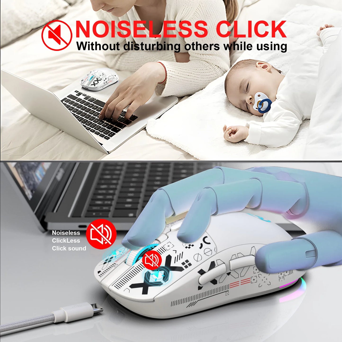 3 režimų „Bluetooth“ žaidimų pelė, įkraunama, 2.4G USB belaidė RGB apšvietimo pelė, skirta „iPad“, planšetiniam kompiuteriui, nešiojamajam kompiuteriui ir kompiuteriui