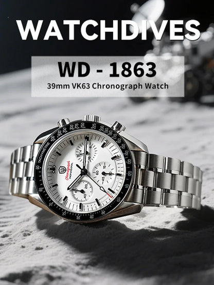 Watchdives New Wd1863 Quartz Men's Watch VK63 Chronograph Bubble Sapphire Waterproof 39Mm Steel Top Brand Luxury Business Watch