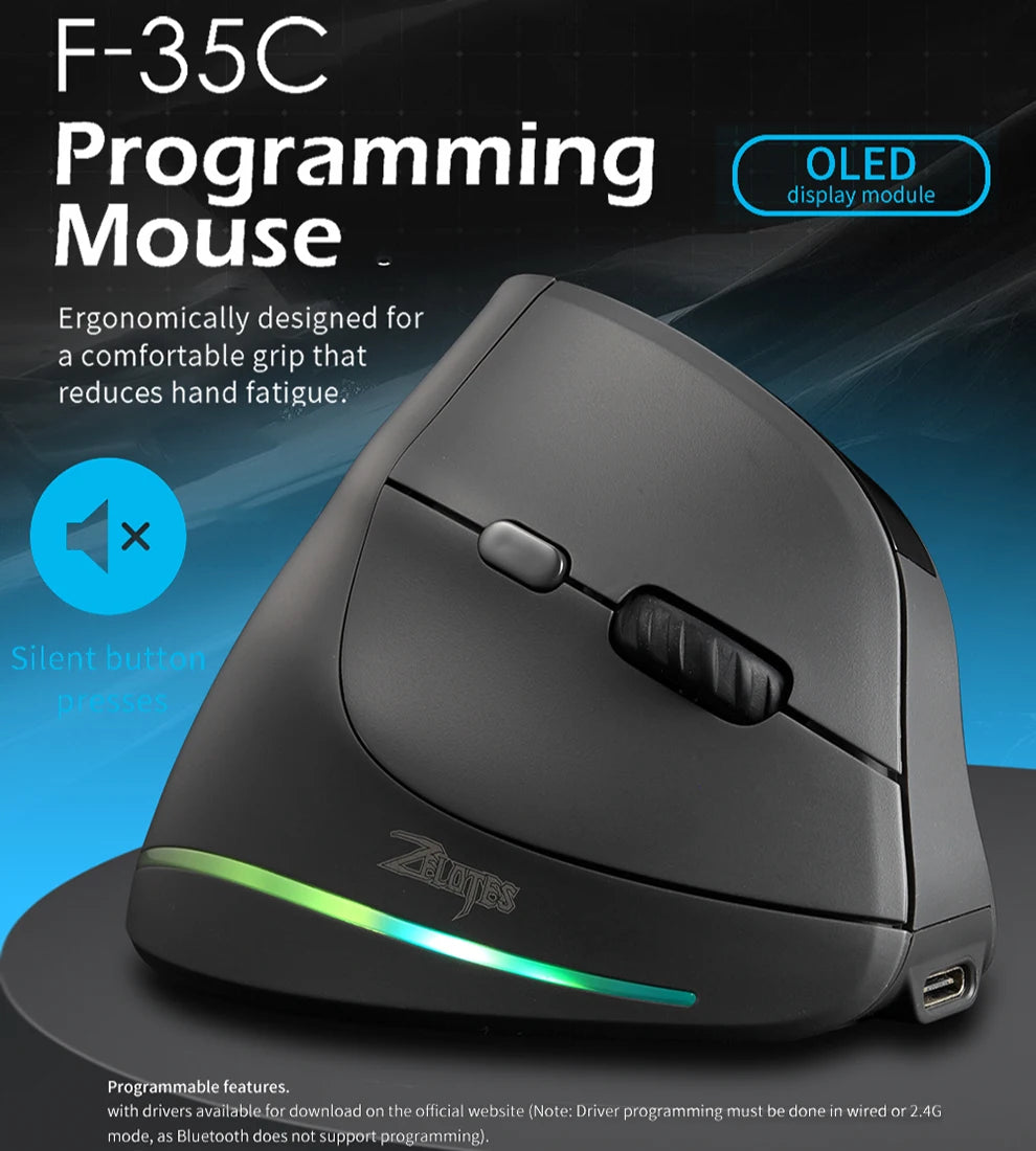 Rato vertical sem fios recarregável com ecrã — rato ergonómico gaming programável de 6 botões para jogador em desktop