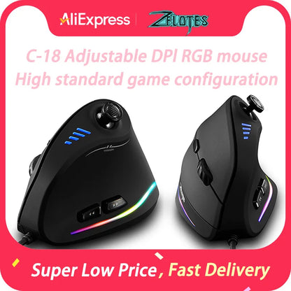 ZELOTES C-18 Vertical Mouse 11 Key Optical Mouse RGB Joysticks Programmable Laser Gaming Mice For PC Computer Gamer