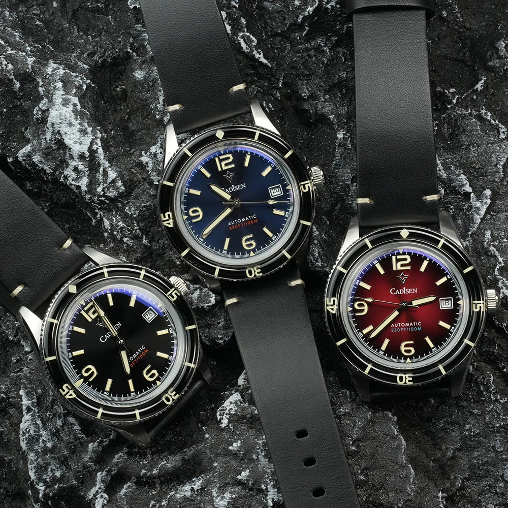CADISEN 2026 Watch Men Mechanical Wristwatches MIYOTA 8215 Movement Genuine Leather Strap Waterproof Luminous Red Mens Watches