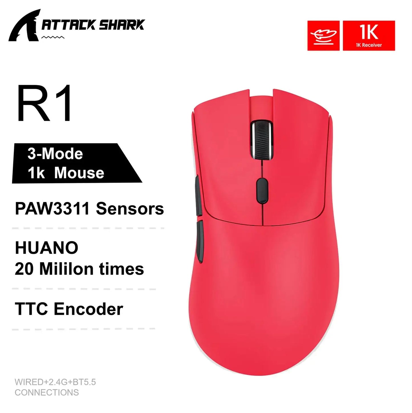 Attack Shark X11&R1 třirežimová bezdrátová Bluetooth myš s nabíjecí základnou, RGB, ergonomická, lehká myš, příslušenství pro PC hráče