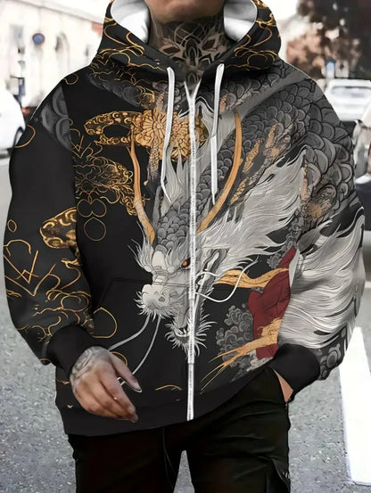 Men's Dragon Print Zipper Hoodie Outdoor Activities Travel Drawstring Long Sleeve Hoodies Autumn Winter Oversize Man Sweatshirts