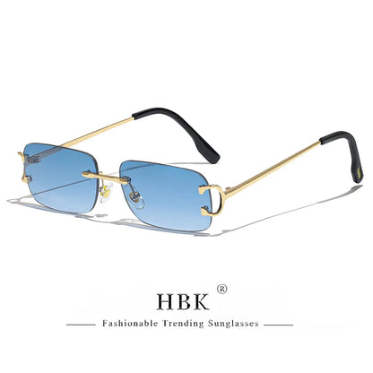 HBK Retro Rimless Sunglasses For Women Men Small Square Gold Frame Brand Design Tea Shades Rectangle UV400 Zonnebril Eyewear