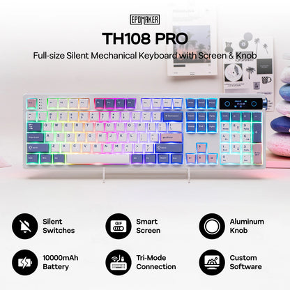 EPOMAKER TH108 PRO 100% Full-Sized Gasket-Mounted Wired/BT/2.4Ghz Wireless Mechanical Keyboard with Screen & Knob RGB Backlight