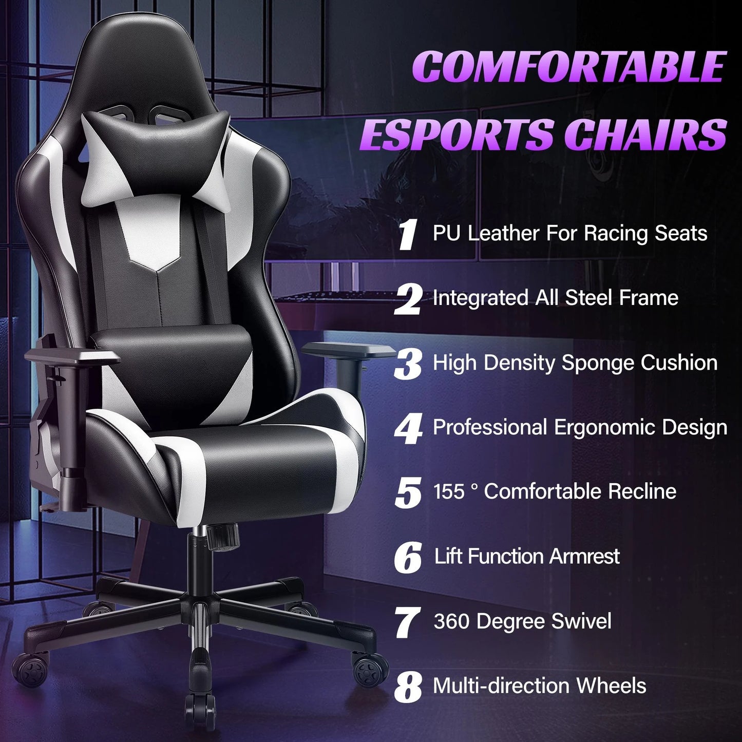 Ergonomic Gaming Chair Black & White Racing Style Office Chair with Adjustable Armrests, 155° Reclining, Swivel Computer Gaming Chair