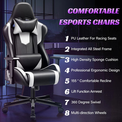 Ergonomic Gaming Chair Black & White Racing Style Office Chair with Adjustable Armrests, 155° Reclining, Swivel Computer Gaming Chair