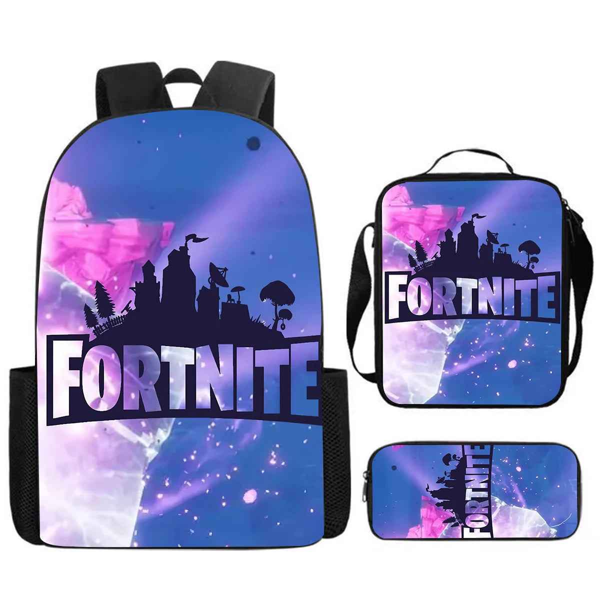 Cute Cartoon 3pcs Set School Backpack with Lunch Bag and Pencil Case, Large Anime Fortnite Kids School Bags for Boys and Girls