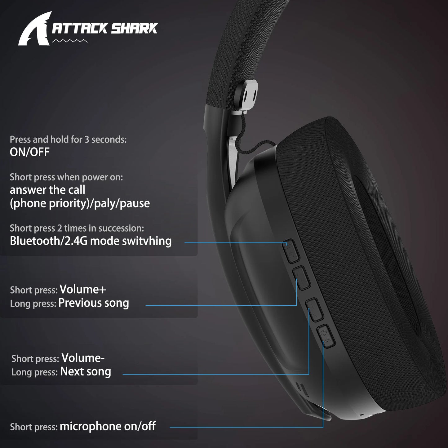 Headset Gaming ATTACK SHARK L80 Ultra-Leve 180g – Sem Fios Tri-Mode (Bluetooth 5.3 / 2.4G / Com Fio), Som Surround 5.1, Drivers de 40mm, Microfone Removível