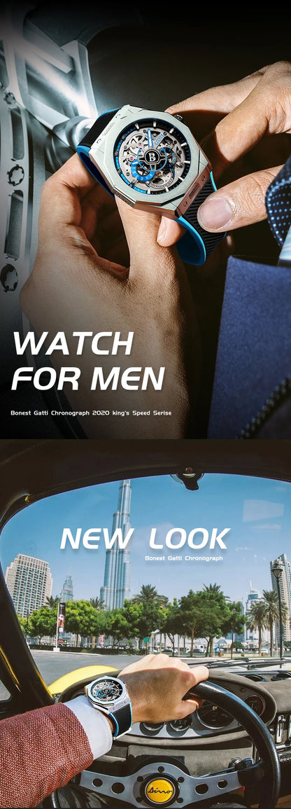 BONEST GATTI BG7601 Men Automatic Mechanical Watch Sapphire Crystal Waterproof Luminous Rubber Strap Wristwatch