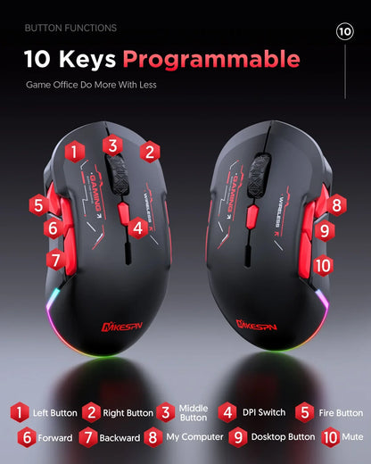 MKESPN W12 10-knappers makro-gamingmus til begge hænder, trådløs Bluetooth, multikanal, tri-mode, stor RGB, ergonomisk og ambidekstral