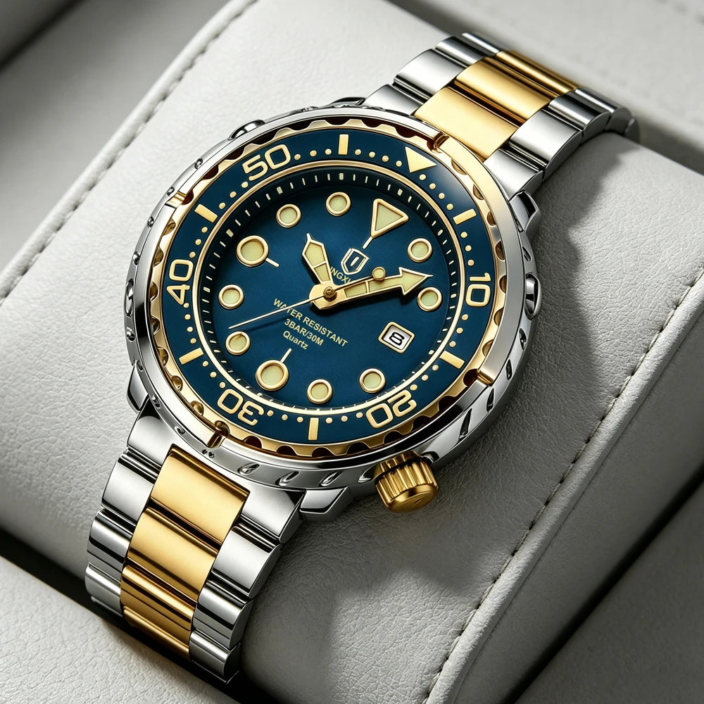QINGXIYA Mens Watches Fashion Waterproof Luminous Date Rotating Dial High Quality Stainless Steel Luxury Brand Men Quartz Watch