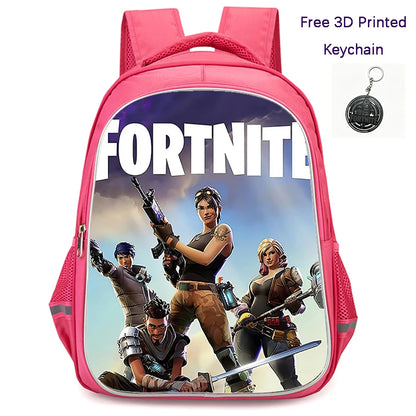 FORTNITE 16-inch Durable Lightweight Backpack, Dual Zipper Pockets, Cartoon Style for Boys & Girls 6-10,Free 3D Printed Keychain