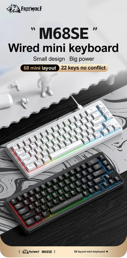 FREEWOLF M68SE Mini-Tastatur mit 68 Tasten, kabelgebunden, RGB-Hintergrundbeleuchtung, Type-C, 68-%-Layout, kompakt, für Gaming, Büro, PC und Laptop