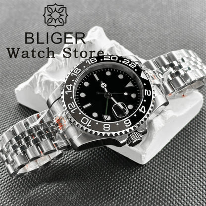 BLIGER 40mm 515 24H GMT Men's Watch Stainless Steel Clasp Luminous Quartz Movement Ceramic Bezel Sapphire Glass 10Bar Waterproof