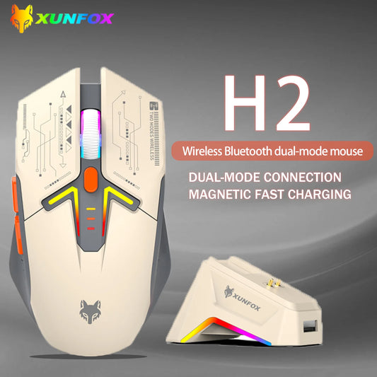 XUNSVFOX H2 Wireless Bluetooth Dual-Mode Mouse with RGB Lighting Effect for Laptop Gaming and Office, Magnetic Charging