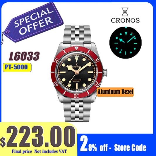 Cronos Luxury Men's Watches 37mm Diver BB54 Vintage Automatic Matt/ Aluminum Bezel Female End Links Sapphire 20 Bar L6033 M