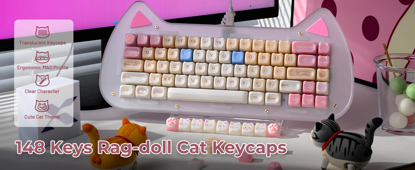 XVX 148 Keys Cat Theme Keycaps MAO Profile Key Cap Korean Glossy Cute Keycap for Keyboard 61 64 68 78 87 96 98 104 108