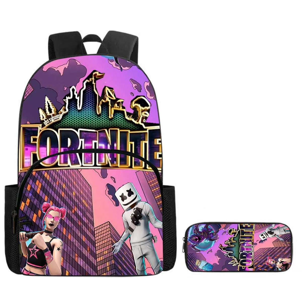 Fortnite Cartoon Backpack with Front Pocket & Pencil Case 2PCS - School Set for Boys Girls Age 5-8, Back to School Gift