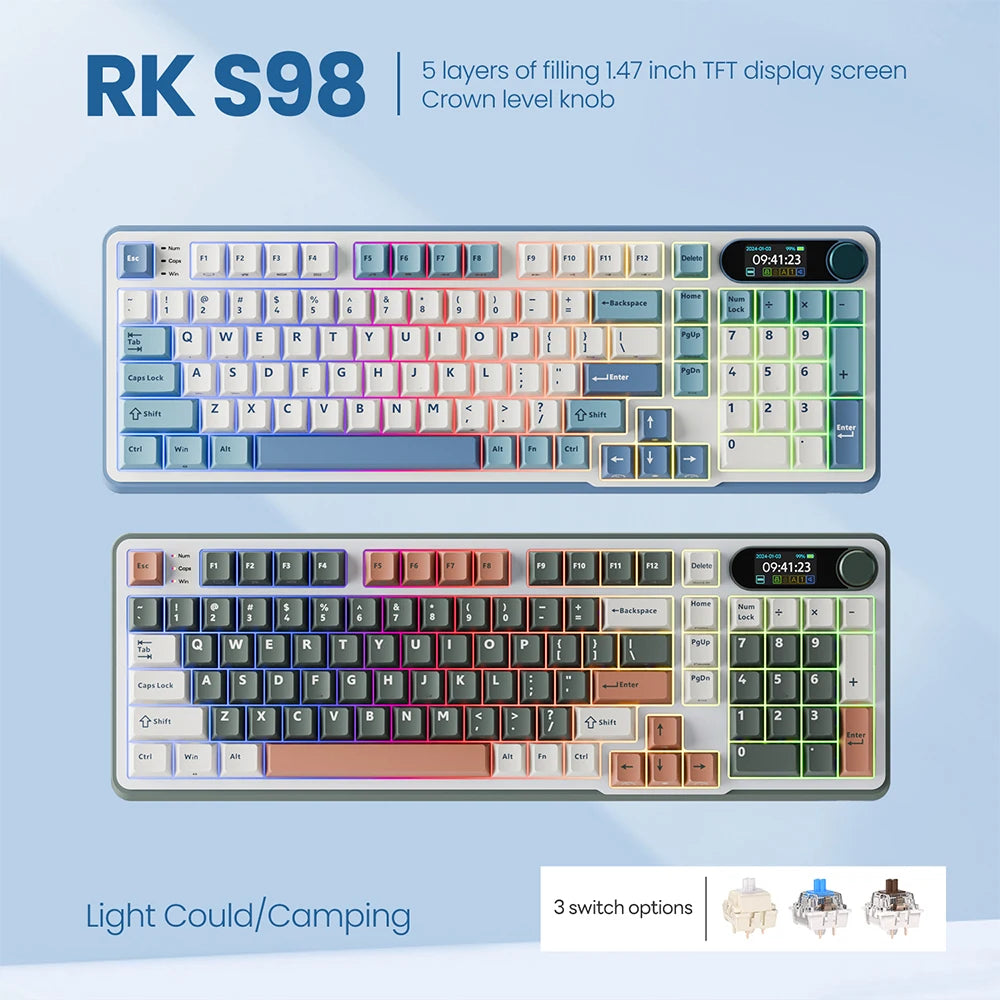 Clavier mécanique RK ROYAL KLUDGE S98 avec écran TFT en surface, 98 touches, RGB, BT 5.0/2,4 GHz/USB-C, clavier gaming sans fil, remplaçable à chaud