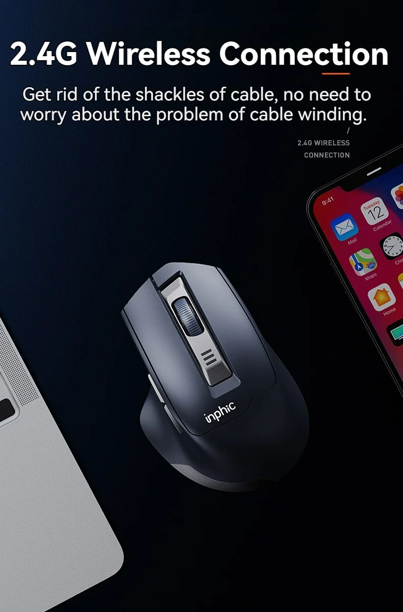 Ratón inalámbrico Inphic M9 con receptor USB 2.4G, recargable Type-C, botón silencioso, visualización de energía, ergonómico para oficina, universal