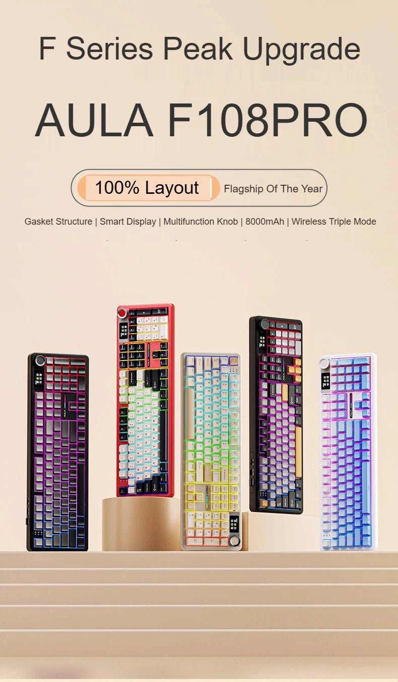 AULA F108 Pro mechanical keyboard 100& layout Bluetooth 2.4G wired gaming keyboard With hot-swappable gasket structure RGB light