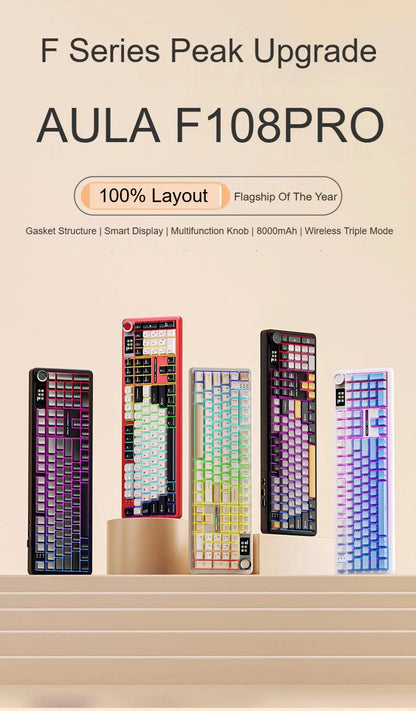 AULA F108 Pro mechanical keyboard 100& layout Bluetooth 2.4G wired gaming keyboard With hot-swappable gasket structure RGB light