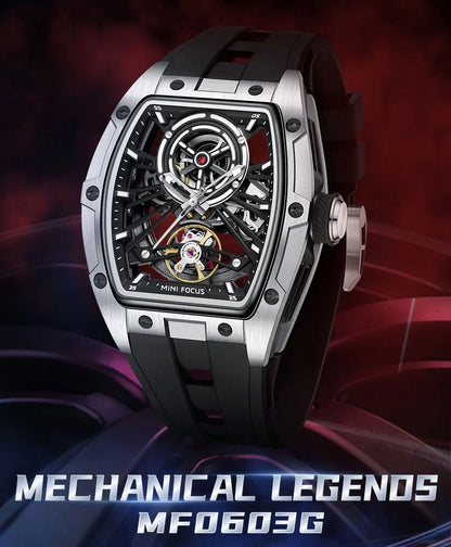 MINI FOCUS Orologio da polso da uomo fashion nero impermeabile, automatico meccanico, con lancette luminose, cinturino in silicone e quadrante tonneau