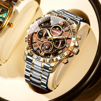 2026 Men Watch Light Luxury Business Steel Belt Moonphase Starry Night Light Waterproof Men's Fashion Quartz Clock Watches Gift